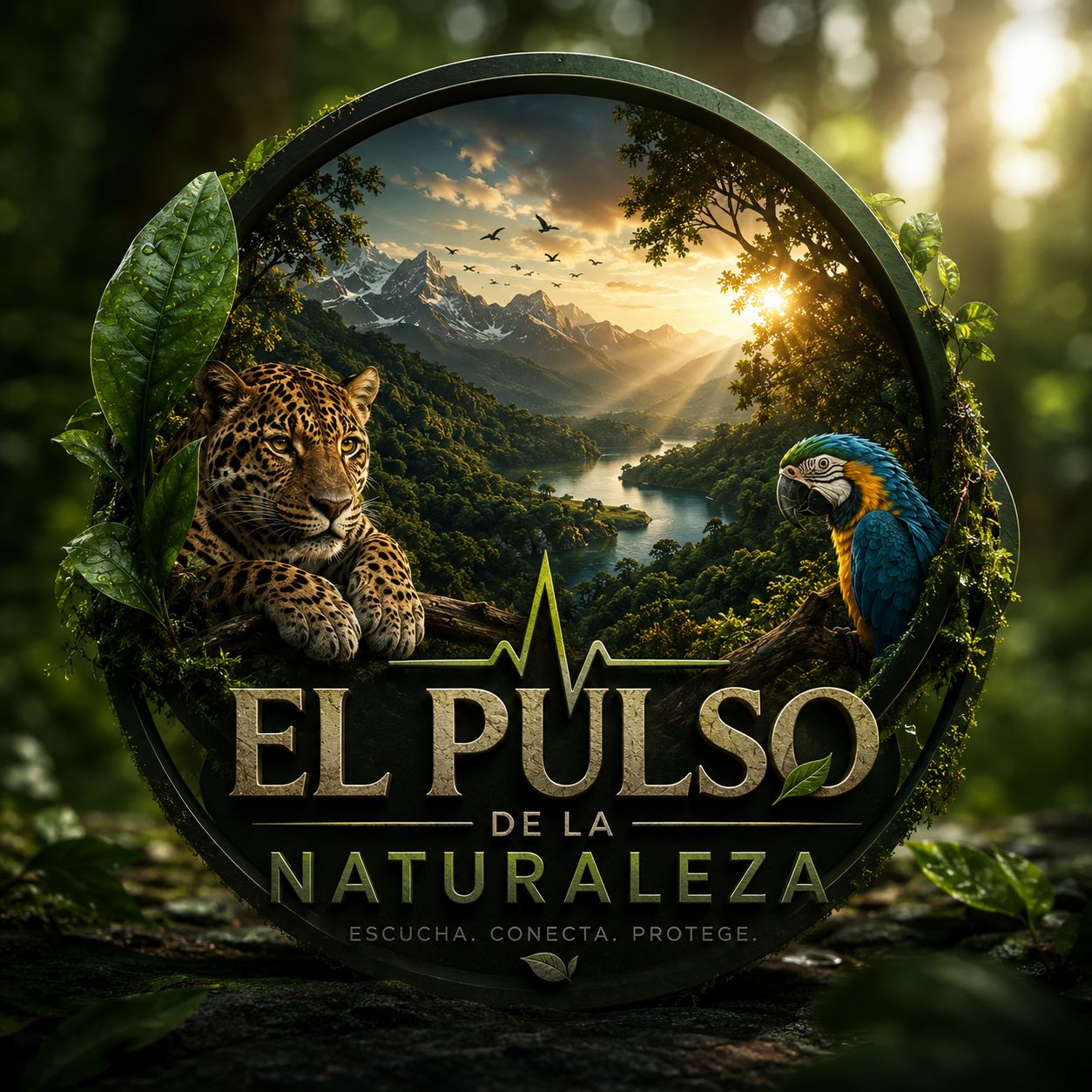 Emblema de El Pulso de la Naturaleza: un jaguar y una guacamaya azul y amarilla frente a un paisaje de bosque, río y montañas al amanecer, con una línea de pulso y el lema «Escucha. Conecta. Protege.»
